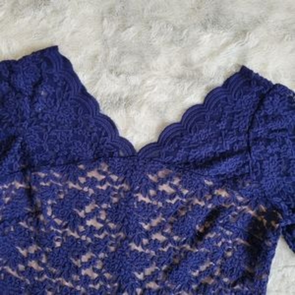 NWOT Dress Barn Blue 3/4 Sleeve Lined Lace Overlay Scalloped Blue Nude Dress 14 - Picture 9 of 10